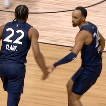 Jaylen Clark and Amari Bailey playing for the Timberwolves in the NBA Summer League on Tuesday.