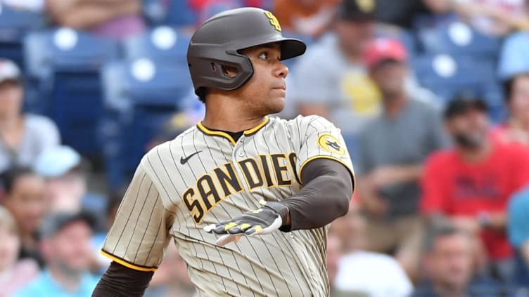 Jul 16, 2023; Philadelphia, Pennsylvania, USA; San Diego Padres left fielder Juan Soto (22) against