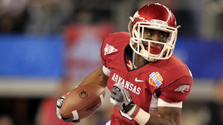 Jan 6, 2012; Arlington, TX, USA; Arkansas Razorbacks wide receiver Joe Adams (3) returns a punt for a touchdown during the second quarter of the game against the Kansas State Wildcats at the 2012 Cotton Bowl at Cowboys Stadium. Mandatory Credit: Tim Heitman-USA TODAY Sports