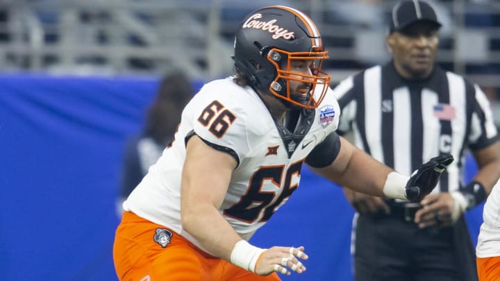 Jan 1, 2022; Glendale, Arizona, USA; Oklahoma State Cowboys offensive lineman Joe Michalski (66) 