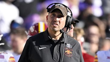 Nov 8, 2025; Fort Worth, Texas, USA; Iowa State Cyclones head coach Matt Campbell looks on during the first half against the TCU Horned Frogs at Amon G. Carter Stadium.