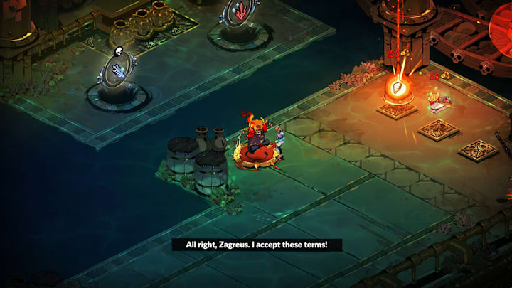 Melione looking at a flaming contract.