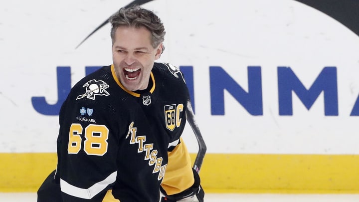 Feb 18, 2024; Pittsburgh, Pennsylvania, USA;  Pittsburgh Penguins former right wing Jaromir Jagr (68) reacts during warm-ups against the Los Angeles Kings at PPG Paints Arena. The Kings won 2-1. Mandatory Credit: Charles LeClaire-USA TODAY Sports