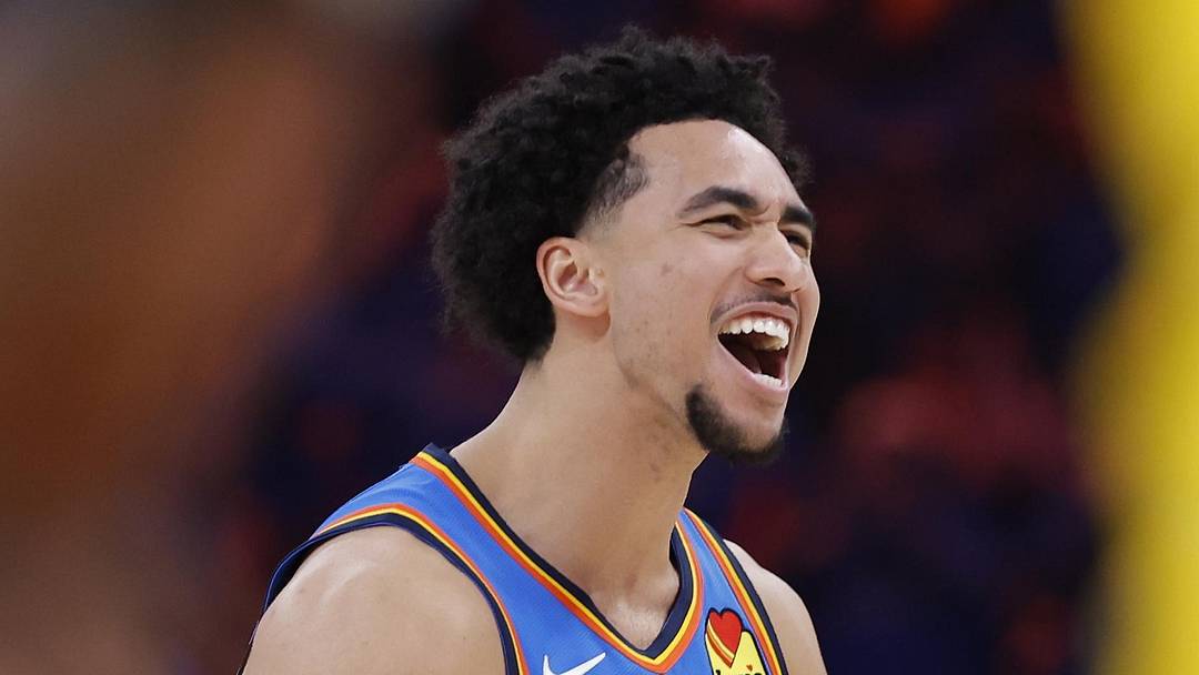 May 5, 2026; Oklahoma City, Oklahoma, USA; Oklahoma City Thunder guard Jared McCain (3) celebrates after a play against the Los Angeles Lakers in the second half during game one of the second round of the 2026 NBA Playoffs at Paycom Center. Mandatory Credit: Alonzo Adams-Imagn Images May 5, 2026; Oklahoma City, Oklahoma, USA; Oklahoma City Thunder guard Jared McCain (3) celebrates after a play against the Los Angeles Lakers in the second half during game one of the second round of the 2026 NBA Playoffs at Paycom Center. Mandatory Credit: Alonzo Adams-Imagn Images