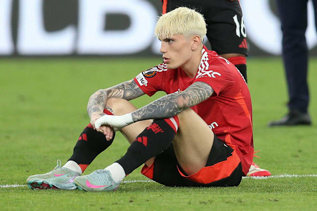 Alejandro Garnacho cuts a frustrated figure after Man Utd's Europa League final defeat.
