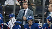 Sep 23, 2025; New York, New York, USA; New York Rangers head coach Mike Sullivan looks on during the third period of a preseason game against the Boston Bruins at Madison Square Garden. Mandatory Credit: Vincent Carchietta-Imagn Images