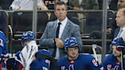 Sep 23, 2025; New York, New York, USA; New York Rangers head coach Mike Sullivan looks on during the third period of a preseason game against the Boston Bruins at Madison Square Garden. Mandatory Credit: Vincent Carchietta-Imagn Images