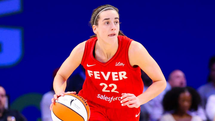 Jul 17, 2024; Arlington, Texas, USA;  Indiana Fever guard Caitlin Clark (22) in action during the second half against the Dallas Wings at College Park Center. Mandatory Credit: Kevin Jairaj-USA TODAY Sports