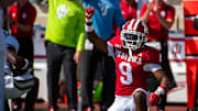 Indiana's Jamier Johnson (9) celebrates a third down stop during the Indiana versus Charlotte football game at Memorial Stadium on Saturday, Sept. 21, 2024.