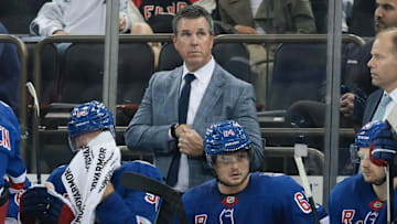 Sep 23, 2025; New York, New York, USA; New York Rangers head coach Mike Sullivan looks on during the third period of a preseason game against the Boston Bruins at Madison Square Garden. Mandatory Credit: Vincent Carchietta-Imagn Images