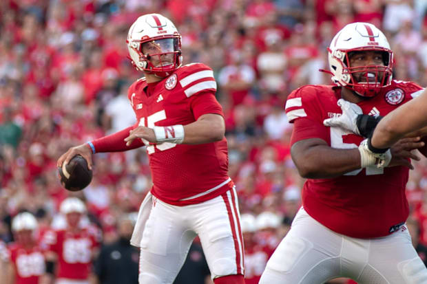 Nebraska quarterback Dylan Raiola (15) leads the Big Ten's best passing offense into Maryland Saturday afternoon.
