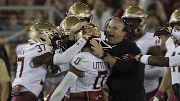 Oct 18, 2025; Stanford, California, USA;  Florida State Seminoles head coach Mike Norvell celebrates with defensive back Earl Little Jr. (0) during the first quarter against the Stanford Cardinal at Stanford Stadium. Mandatory Credit: Stan Szeto-Imagn Images