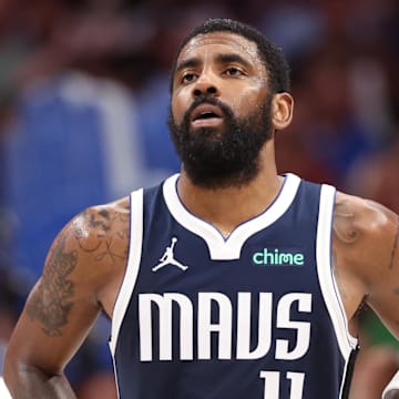 May 28, 2024; Dallas, Texas, USA; Dallas Mavericks guard Kyrie Irving (11) reacts against the Minnesota Timberwolves during the fourth quarter of game four of the western conference finals for the 2024 NBA playoffs at American Airlines Center. Mandatory Credit: Kevin Jairaj-Imagn Images
