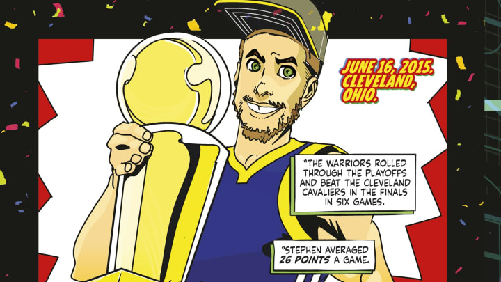 An illustration from "Sports Superheroes Volume 1: Stephen Curry," written by Rich Korson and Josh Bycel detailing the rise of Golden State Warriors star Steph Curry.