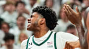 Michigan State guard Jase Richardson (11) celebrates a play against Michigan during the first half at Breslin Center in East Lansing on Sunday, March 9, 2025.