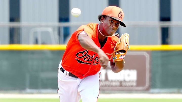 Pitching for the Orioles' Esteban Mejia (#45). The Florida Complex League, minor league team Baltimore Orioles plays at the Buck O'Neil Complex baseball field located at Twin Lakes Park in east Sarasota.
