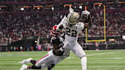 Sep 29, 2024; Atlanta, Georgia, USA; Atlanta Falcons cornerback Dee Alford (20) breaks up a pass in the end zone against New Orleans Saints wide receiver Rashid Shaheed (22) during the second half at Mercedes-Benz Stadium. 