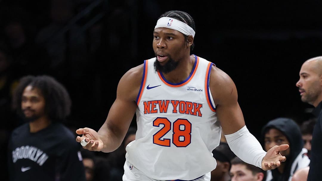 Nov 24, 2025; Brooklyn, New York, USA; New York Knicks forward Guerschon Yabusele (28) reacts in front of Brooklyn Nets guard Tyrese Martin (13) during the second half at Barclays Center. Mandatory Credit: Vincent Carchietta-Imagn Images Nov 24, 2025; Brooklyn, New York, USA; New York Knicks forward Guerschon Yabusele (28) reacts in front of Brooklyn Nets guard Tyrese Martin (13) during the second half at Barclays Center. Mandatory Credit: Vincent Carchietta-Imagn Images