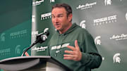 Michigan State head coach Jonathan Smith speaks to the media during a press conference on Monday, Nov. 17, 2025.