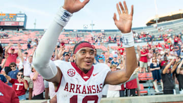 Arkansas Razorbacks quarterback Taylen Green (10) cheers with fans as he walks off the field as Auburn Tigers take on Arkansas Razorbacks at Jordan-Hare Stadium in Auburn, Ala., on Saturday, Sept. 21, 2024. Arkansas Razorbacks defeated Auburn Tigers 24-14.