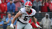 Nov 9, 2024; Oxford, Mississippi, USA; Georgia Bulldogs offensive lineman Monroe Freeling (57) blocks during the first half against the Mississippi Rebels at Vaught-Hemingway Stadium. Mandatory Credit: Petre Thomas-Imagn Images