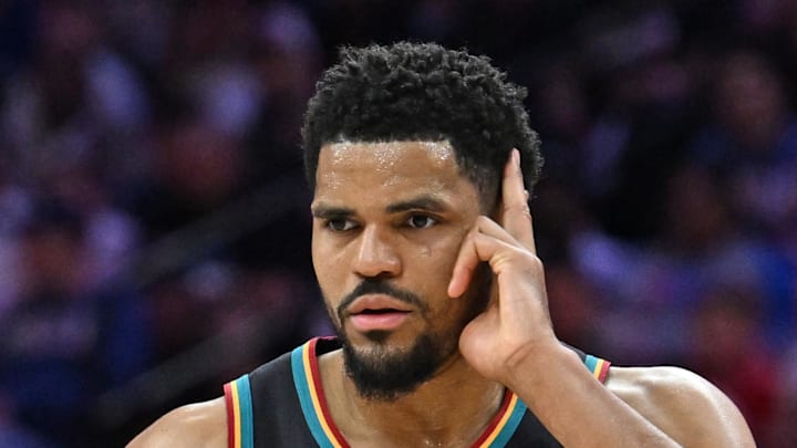 Apr 4, 2026; Philadelphia, Pennsylvania, USA; Detroit Pistons forward Tobias Harris (12) celebrates a basket against the Philadelphia 76ers during the second half at Xfinity Mobile Arena. Mandatory Credit: Eric Hartline-Imagn Images