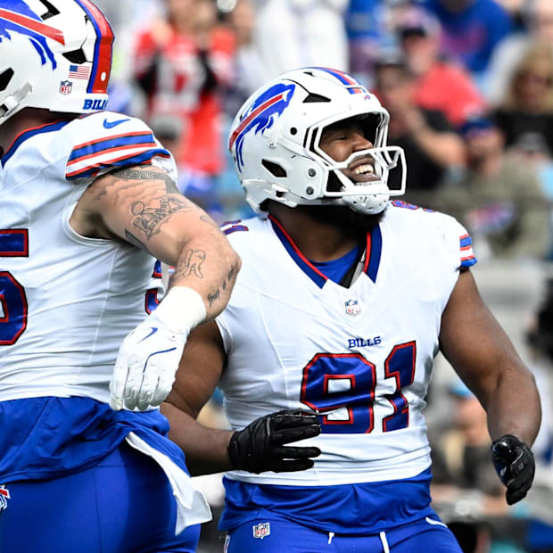 Buffalo Bills defensive tackle Ed Oliver reacts after a sack in the first quarter at Bank of America Stadium