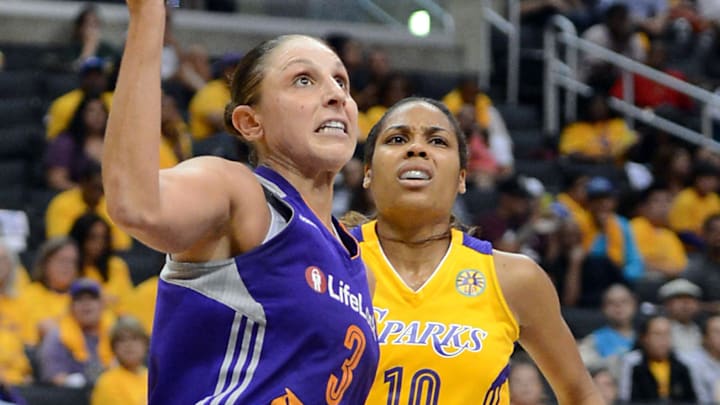 Sep 19, 2013; Los Angeles, CA, USA;  Los Angeles Sparks guard Lindsey Harding (10) guards Phoenix Mercury guard Diana Taurasi (3) in the second half of game 1 of the Western Conference semi-finals at Staples Center. Phoenix won 86-75. Mandatory Credit: Jayne Kamin-Oncea-Imagn Images