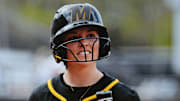 Apr 17, 2025; Columbia, Missouri, USA; Missouri Tigers senior infielder Taylor Ebbs (3) waits on deck before an at-bat against the Texas A&M Aggies at Mizzou Softball Stadium.