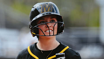 Apr 17, 2025; Columbia, Missouri, USA; Missouri Tigers senior infielder Taylor Ebbs (3) waits on deck before an at-bat against the Texas A&M Aggies at Mizzou Softball Stadium.