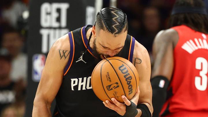 Apr 14, 2026; Phoenix, Arizona, USA; Phoenix Suns forward Dillon Brooks (3) reacts against the Portland Trail Blazers in the second half during the play-in rounds of the 2026 NBA Playoffs at Mortgage Matchup Center. Mandatory Credit: Mark J. Rebilas-Imagn Images