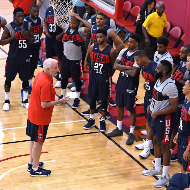 Team USA basketball coach Gregg Popovich talks to his players at the start of the 2018 USA Basketball National Team Minicamp.