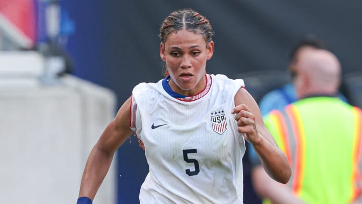 Jul 13, 2024; Harrison, New Jersey, USA; United States forward Trinity Rodman (5) controls the ball against Mexico during the second half at Red Bull Arena. Mandatory Credit: Vincent Carchietta-USA TODAY Sports