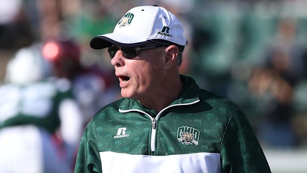 Ohio Bobcats head coach Frank Solich looks on from the sidelines in the second half against the Miami (Oh) Redhawks at Peden 