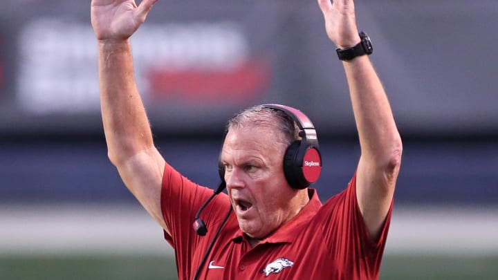 Arkansas Razorbacks coach Sam Pittman signals a touchdown in the second quarter against UAPB at War Memorial Stadium.