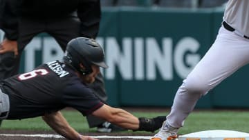 South Carolina baseball outfielder Blake Jackson sliding back into first base during the Gamecocks' series against the Tennessee Volunteers