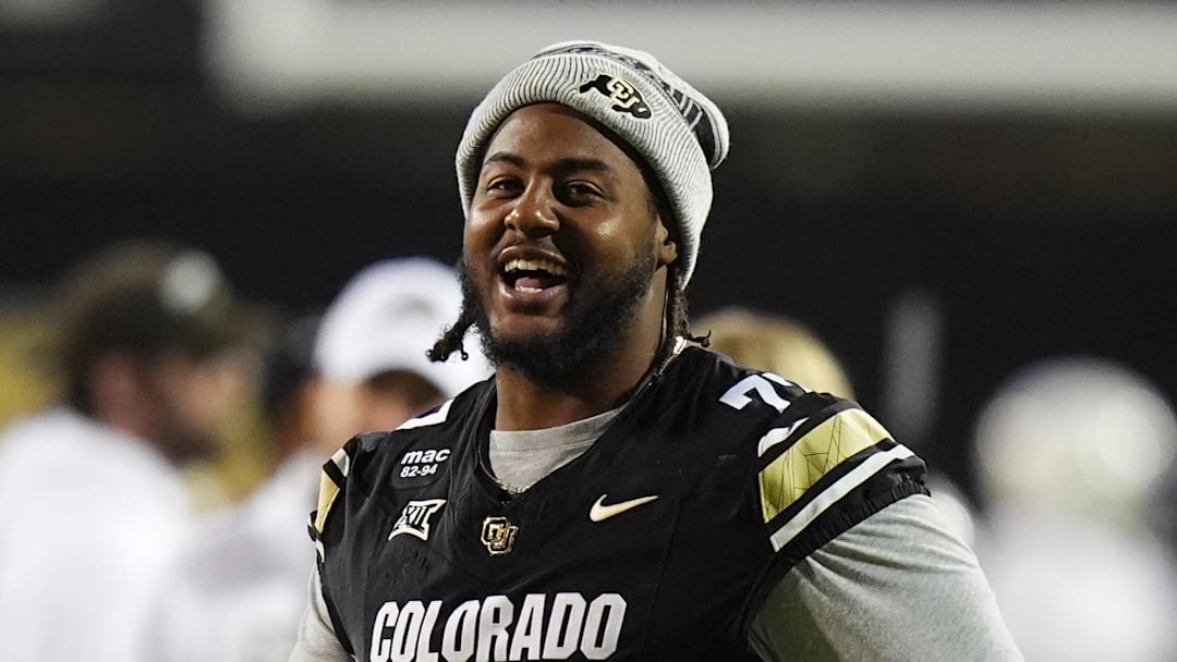 Nov 22, 2025; Boulder, Colorado, USA; Colorado Buffaloes offensive lineman Jordan Seaton (77) before the game against the Arizona State Sun Devils at Folsom Field. Mandatory Credit: Ron Chenoy-Imagn Images