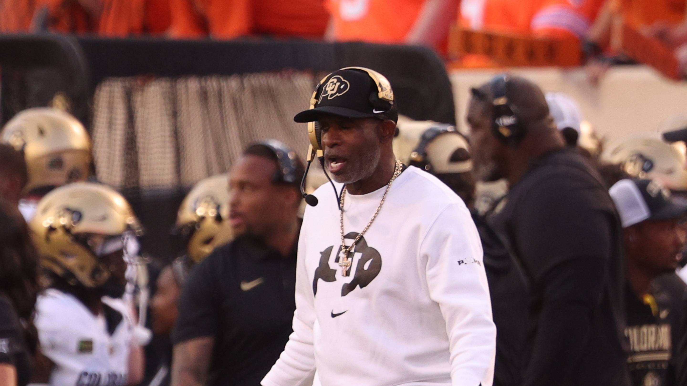Oct 24, 2026; Stillwater, Oklahoma, USA; Colorado Buffaloes head coach Deion Sanders on the sidelines during the first half against the Oklahoma State Cowboys at Boone Pickens Stadium. | IMAGN IMAGES via Reuters Connect