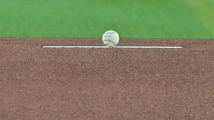 Apr 16, 2024; Phoenix, Arizona, USA; General view of a baseball on the pitcher's mound.