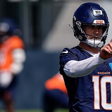Jul 23, 2025; Englewood, CO, USA; Denver Broncos quarterback Bo Nix (10) during Denver Broncos Training Camp. 