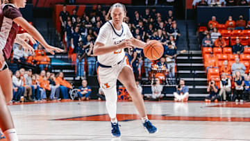 Illinois forward Berry Wallace (23) dribbles the floor against Bellarmine in the Illini's 90-41 win on Tuesday at the State Farm Center in Champaign, Illinois.
