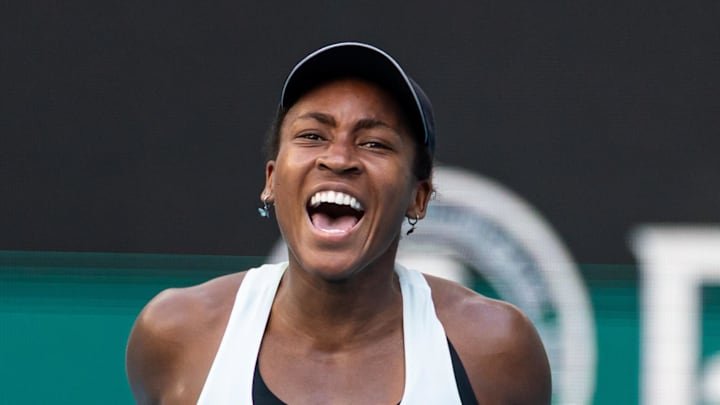 Coco Gauff reacts after a point at the Miami Open