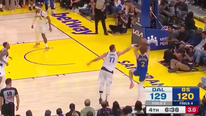 Luka Doncic contests Brandin Podziemski’s shot in the corner. Luka Doncic contests Brandin Podziemski’s shot in the corner.