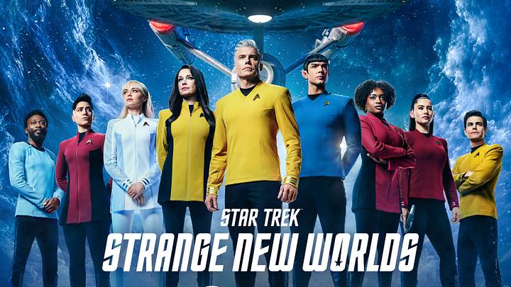 Key Art for Star Trek: Strange New Worlds Season 4, featuring Babs Olusanmokun as M’Benga, Melissa Navia as Ortegas, Jess Bush as Chapel, Rebecca Romijn as Una, Anson Mount as Captain Pike, Ethan Peck as Spock, Celia Rose Gooding as Uhura, Christina Chong as La’an and Paul Wesley as Kirk, streaming on Paramount+ 2026. Photo credit: Paramount+.