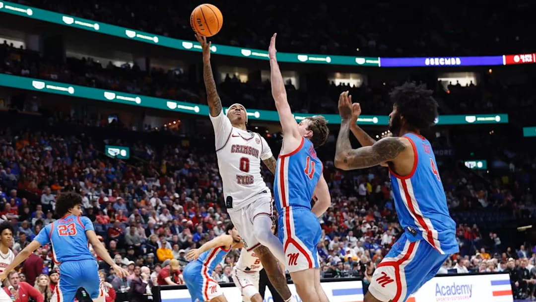 Alabama guard Labaron Philon (0) in action against Ole Miss at Bridgestone Arena in Nashville, TN on Friday, Mar 13, 2026.