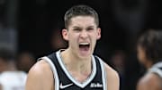 Oct 24, 2025; Brooklyn, New York, USA;  Brooklyn Nets guard Egor Demin (8) celebrates after scoring in the fourth quarter against the Cleveland Cavaliers at Barclays Center. Mandatory Credit: Wendell Cruz-Imagn Images