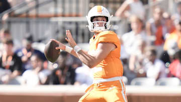 Tennessee quarterback Jake Merklinger (12) looks to pass during a college football game between Tennessee and UAB at Neyland Stadium in Knoxville, Tenn., on Sept. 20, 2025. Tennessee defeated UAB.