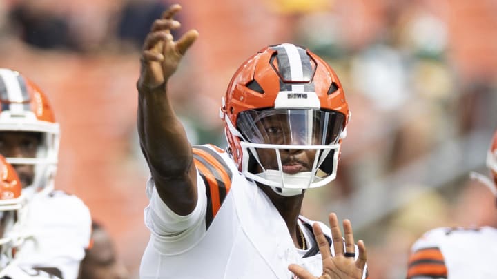 Aug 10, 2024; Cleveland, Ohio, USA; Cleveland Browns quarterback Jameis Winston (5) throws the ball during warmups before the game against the Green Bay Packers at Cleveland Browns Stadium. Mandatory Credit: Scott Galvin-USA TODAY Sports