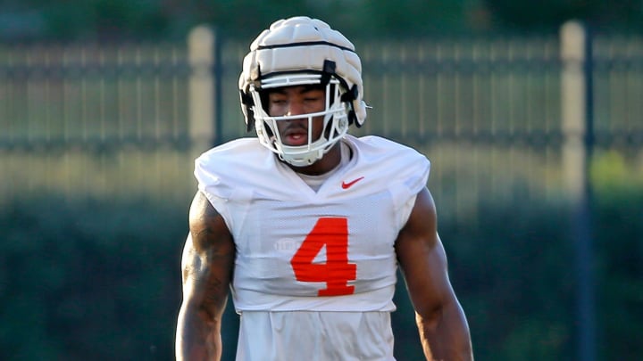 Oklahoma State's Nick Martin lines up for a drill during an Oklahoma State University football practice in Stillwater, Okla., Wednesday, Aug., 2, 2023.