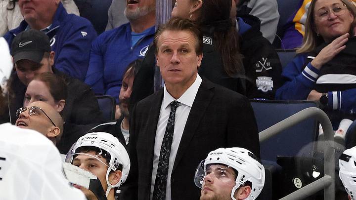 Jan 30, 2025; Tampa, Florida, USA; Los Angeles Kings head coach Jim Hiller against the Tampa Bay Lightning during the third period at Amalie Arena. Mandatory Credit: Kim Klement Neitzel-Imagn Images